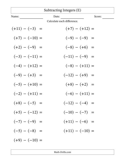The Subtracting Mixed Integers from -12 to 12 (25 Questions; Large Print; All Parentheses) (E) Math Worksheet