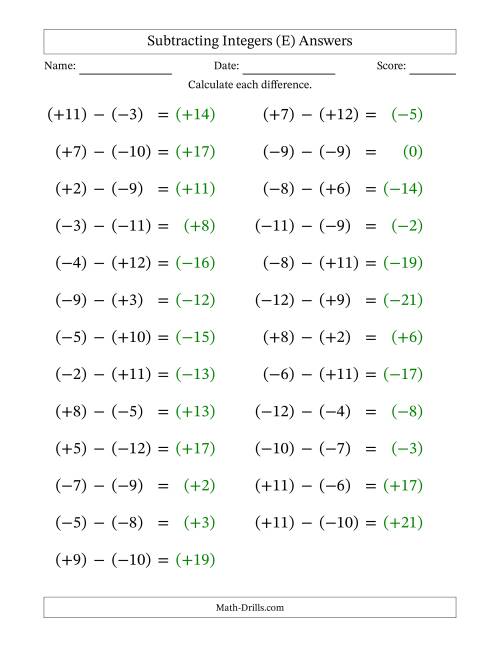 The Subtracting Mixed Integers from -12 to 12 (25 Questions; Large Print; All Parentheses) (E) Math Worksheet Page 2