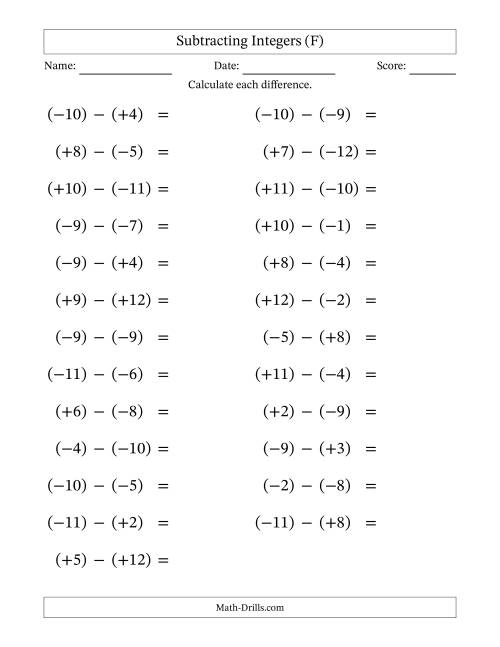The Subtracting Mixed Integers from -12 to 12 (25 Questions; Large Print; All Parentheses) (F) Math Worksheet