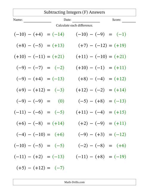 The Subtracting Mixed Integers from -12 to 12 (25 Questions; Large Print; All Parentheses) (F) Math Worksheet Page 2