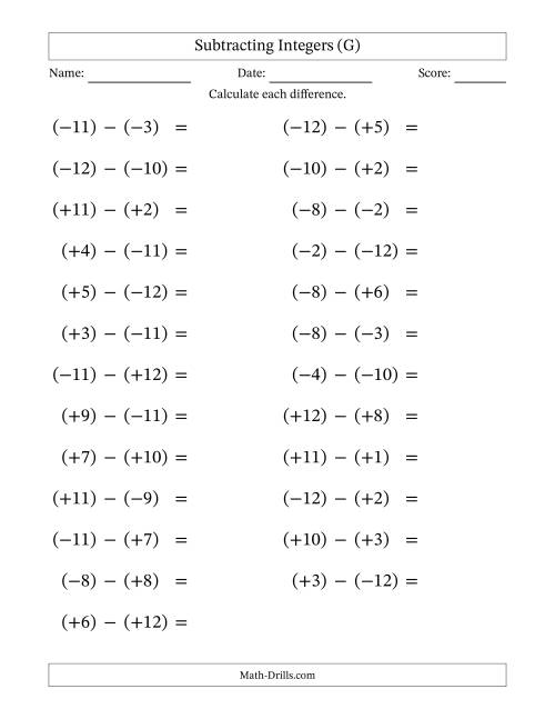 The Subtracting Mixed Integers from -12 to 12 (25 Questions; Large Print; All Parentheses) (G) Math Worksheet