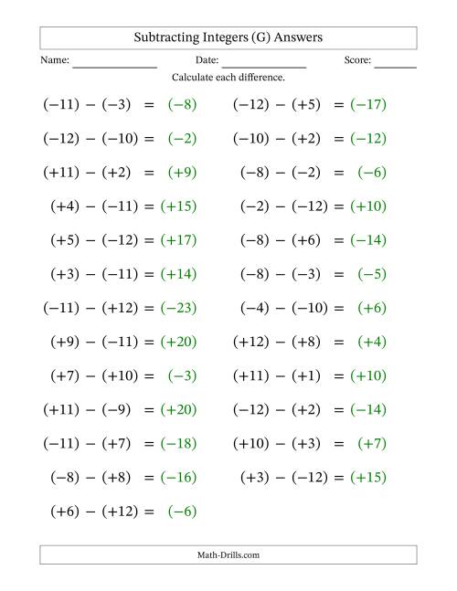 The Subtracting Mixed Integers from -12 to 12 (25 Questions; Large Print; All Parentheses) (G) Math Worksheet Page 2