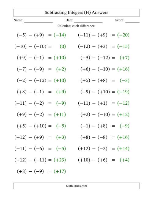 The Subtracting Mixed Integers from -12 to 12 (25 Questions; Large Print; All Parentheses) (H) Math Worksheet Page 2