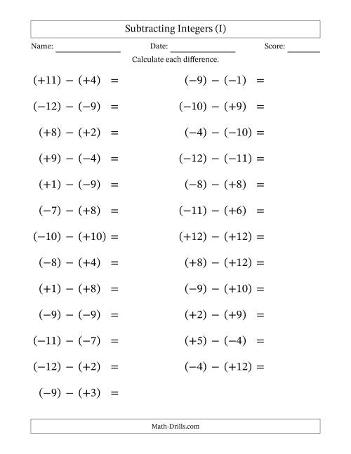 The Subtracting Mixed Integers from -12 to 12 (25 Questions; Large Print; All Parentheses) (I) Math Worksheet