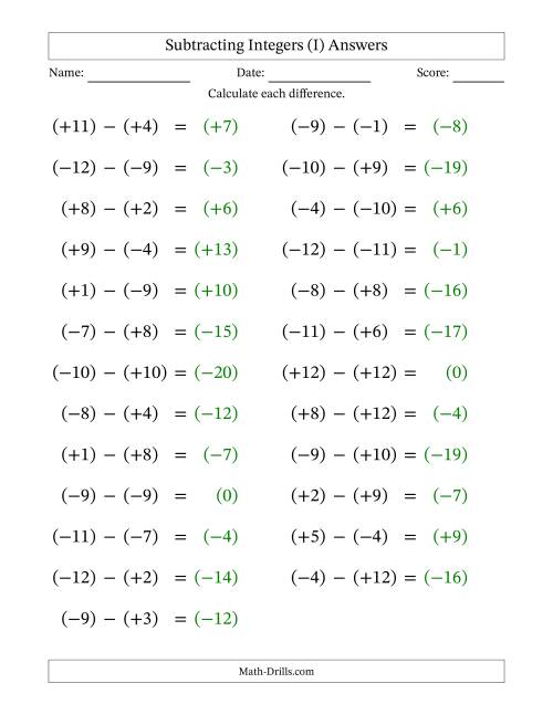 The Subtracting Mixed Integers from -12 to 12 (25 Questions; Large Print; All Parentheses) (I) Math Worksheet Page 2