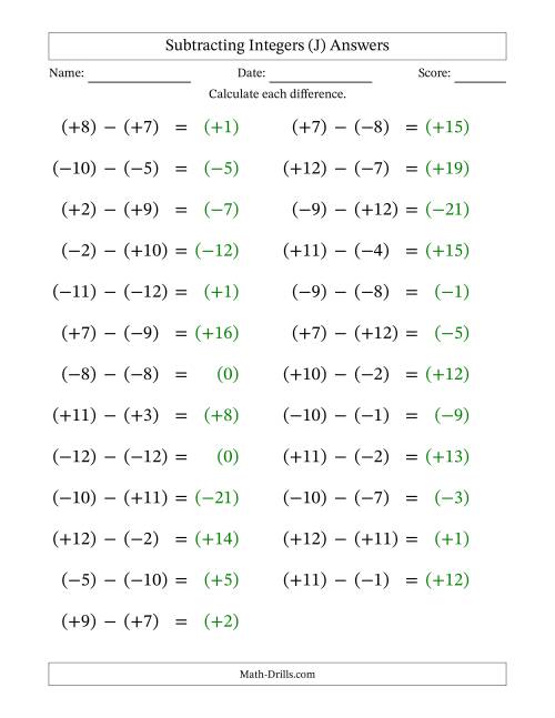 The Subtracting Mixed Integers from -12 to 12 (25 Questions; Large Print; All Parentheses) (J) Math Worksheet Page 2