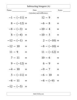 Subtracting Mixed Integers from -12 to 12 (25 Questions; Large Print)
