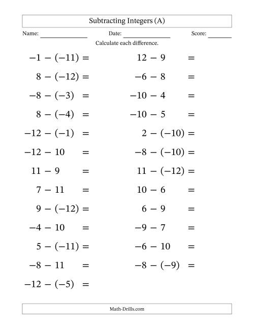 The Subtracting Mixed Integers from -12 to 12 (25 Questions; Large Print) (A) Math Worksheet