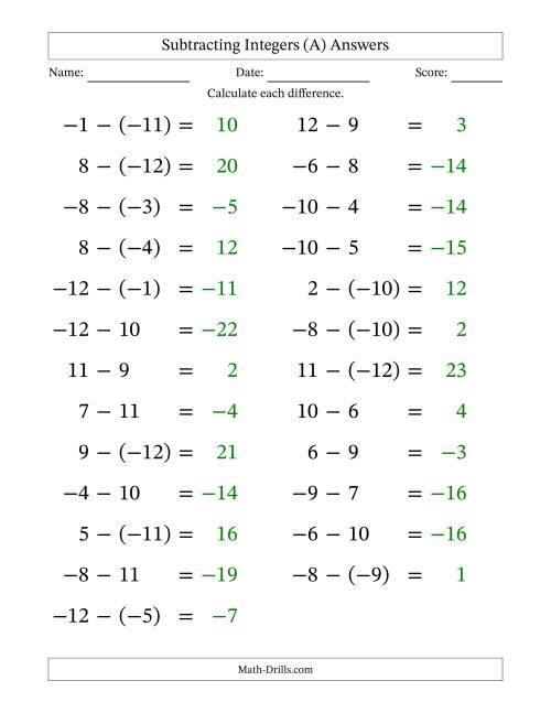 The Subtracting Mixed Integers from -12 to 12 (25 Questions; Large Print) (A) Math Worksheet Page 2