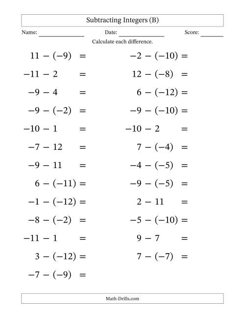 The Subtracting Mixed Integers from -12 to 12 (25 Questions; Large Print) (B) Math Worksheet