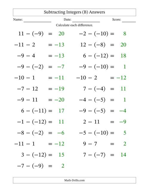 The Subtracting Mixed Integers from -12 to 12 (25 Questions; Large Print) (B) Math Worksheet Page 2