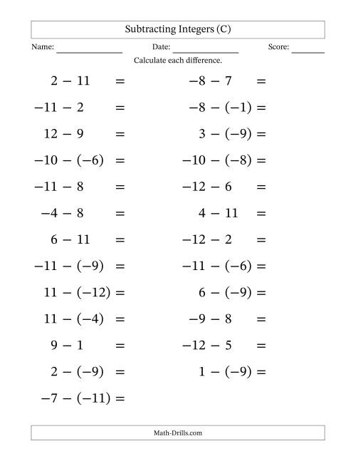 The Subtracting Mixed Integers from -12 to 12 (25 Questions; Large Print) (C) Math Worksheet