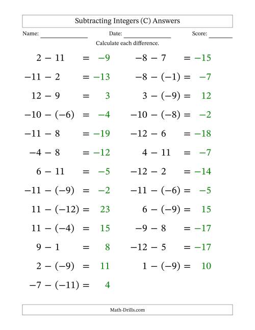 The Subtracting Mixed Integers from -12 to 12 (25 Questions; Large Print) (C) Math Worksheet Page 2