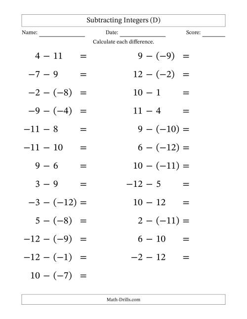 The Subtracting Mixed Integers from -12 to 12 (25 Questions; Large Print) (D) Math Worksheet