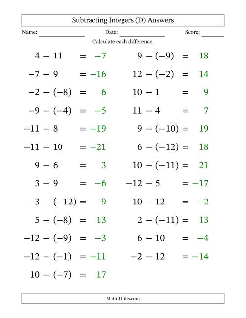 The Subtracting Mixed Integers from -12 to 12 (25 Questions; Large Print) (D) Math Worksheet Page 2