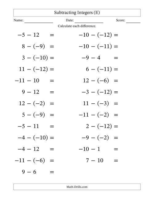 The Subtracting Mixed Integers from -12 to 12 (25 Questions; Large Print) (E) Math Worksheet