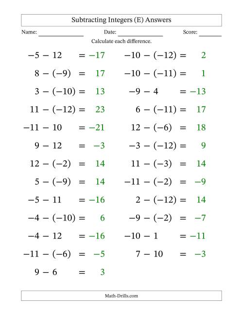 The Subtracting Mixed Integers from -12 to 12 (25 Questions; Large Print) (E) Math Worksheet Page 2