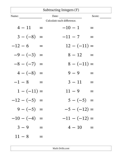 The Subtracting Mixed Integers from -12 to 12 (25 Questions; Large Print) (F) Math Worksheet