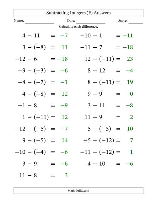 The Subtracting Mixed Integers from -12 to 12 (25 Questions; Large Print) (F) Math Worksheet Page 2