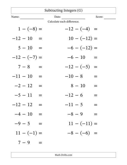 The Subtracting Mixed Integers from -12 to 12 (25 Questions; Large Print) (G) Math Worksheet
