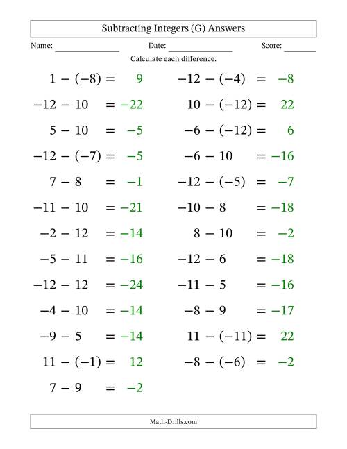 The Subtracting Mixed Integers from -12 to 12 (25 Questions; Large Print) (G) Math Worksheet Page 2