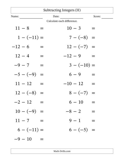 The Subtracting Mixed Integers from -12 to 12 (25 Questions; Large Print) (H) Math Worksheet
