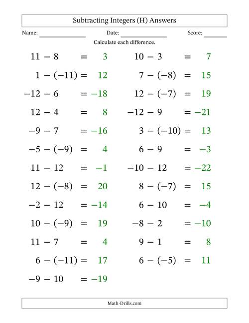 The Subtracting Mixed Integers from -12 to 12 (25 Questions; Large Print) (H) Math Worksheet Page 2