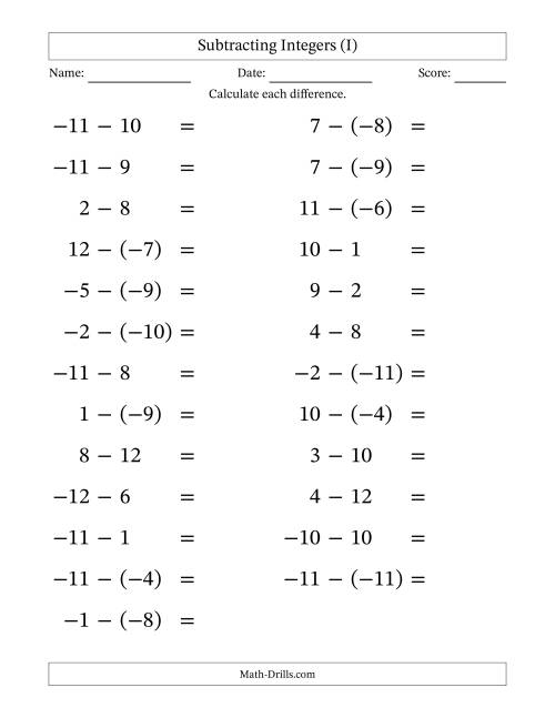 The Subtracting Mixed Integers from -12 to 12 (25 Questions; Large Print) (I) Math Worksheet