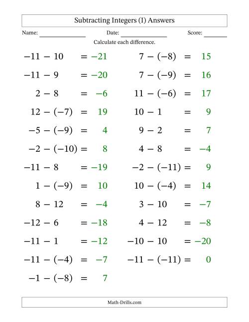 The Subtracting Mixed Integers from -12 to 12 (25 Questions; Large Print) (I) Math Worksheet Page 2