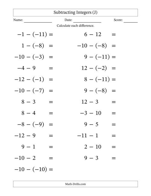 The Subtracting Mixed Integers from -12 to 12 (25 Questions; Large Print) (J) Math Worksheet