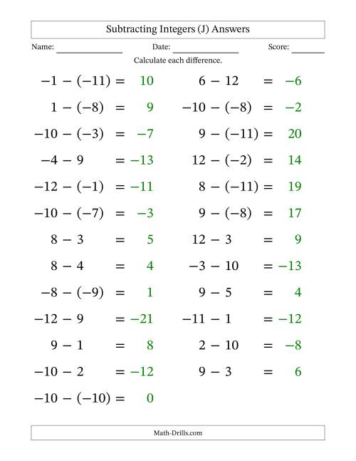 The Subtracting Mixed Integers from -12 to 12 (25 Questions; Large Print) (J) Math Worksheet Page 2