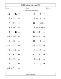 Subtracting Mixed Integers from -12 to 12 (25 Questions; Large Print; No Parentheses)
