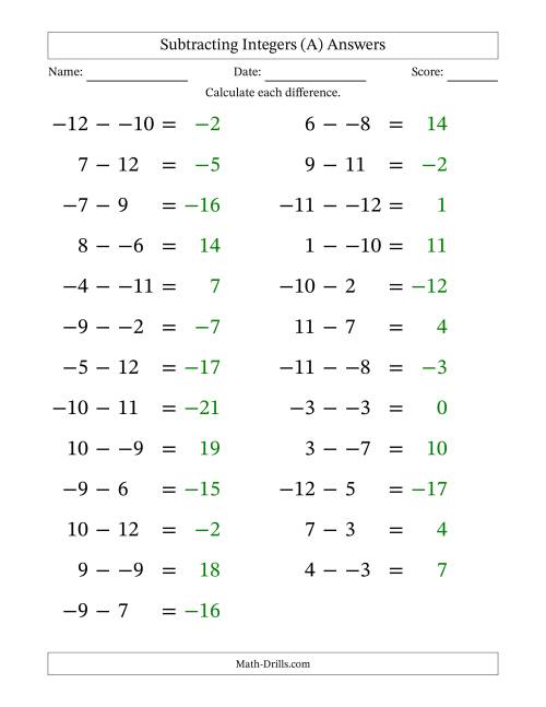 The Subtracting Mixed Integers from -12 to 12 (25 Questions; Large Print; No Parentheses) (A) Math Worksheet Page 2