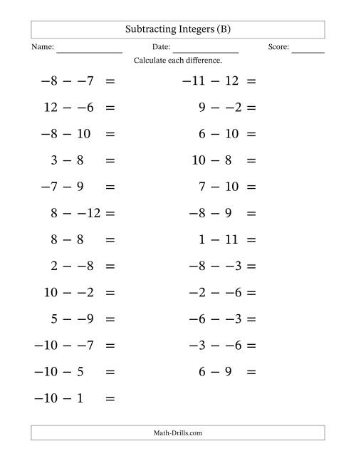 The Subtracting Mixed Integers from -12 to 12 (25 Questions; Large Print; No Parentheses) (B) Math Worksheet