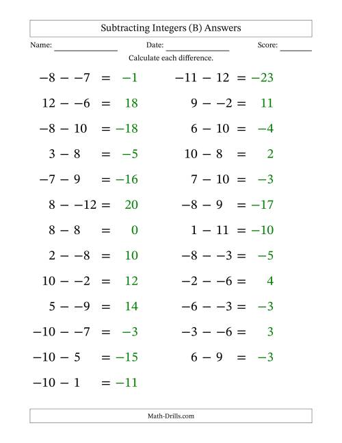 The Subtracting Mixed Integers from -12 to 12 (25 Questions; Large Print; No Parentheses) (B) Math Worksheet Page 2