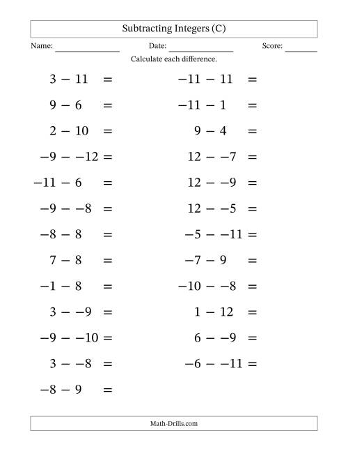 The Subtracting Mixed Integers from -12 to 12 (25 Questions; Large Print; No Parentheses) (C) Math Worksheet