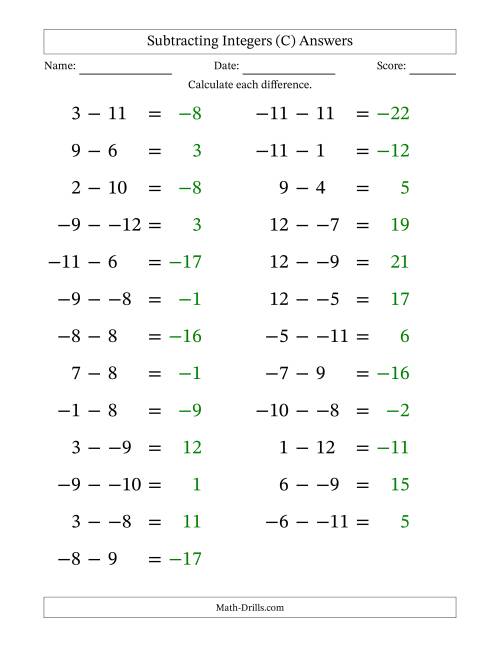 The Subtracting Mixed Integers from -12 to 12 (25 Questions; Large Print; No Parentheses) (C) Math Worksheet Page 2