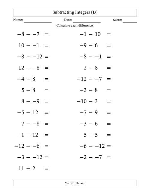 The Subtracting Mixed Integers from -12 to 12 (25 Questions; Large Print; No Parentheses) (D) Math Worksheet