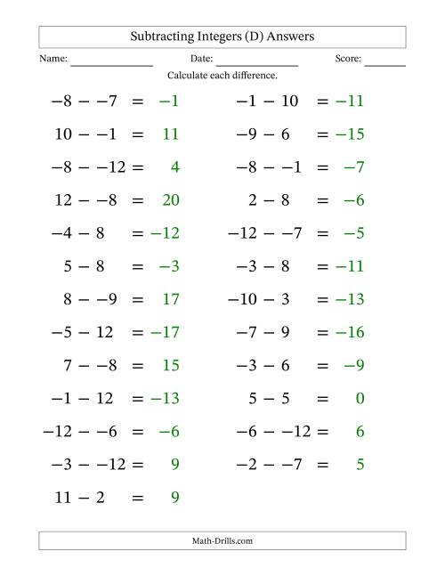 The Subtracting Mixed Integers from -12 to 12 (25 Questions; Large Print; No Parentheses) (D) Math Worksheet Page 2