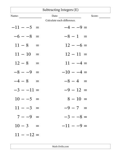 The Subtracting Mixed Integers from -12 to 12 (25 Questions; Large Print; No Parentheses) (E) Math Worksheet