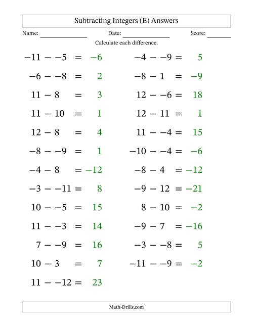 The Subtracting Mixed Integers from -12 to 12 (25 Questions; Large Print; No Parentheses) (E) Math Worksheet Page 2