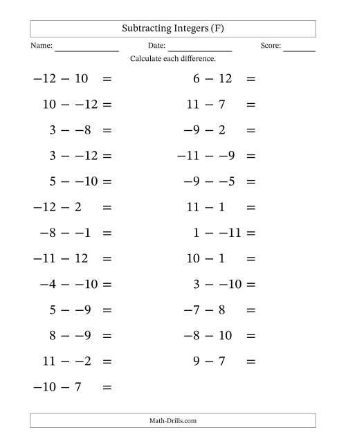 The Subtracting Mixed Integers from -12 to 12 (25 Questions; Large Print; No Parentheses) (F) Math Worksheet