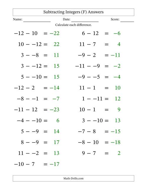 The Subtracting Mixed Integers from -12 to 12 (25 Questions; Large Print; No Parentheses) (F) Math Worksheet Page 2