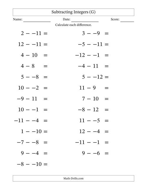 The Subtracting Mixed Integers from -12 to 12 (25 Questions; Large Print; No Parentheses) (G) Math Worksheet