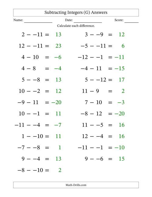The Subtracting Mixed Integers from -12 to 12 (25 Questions; Large Print; No Parentheses) (G) Math Worksheet Page 2