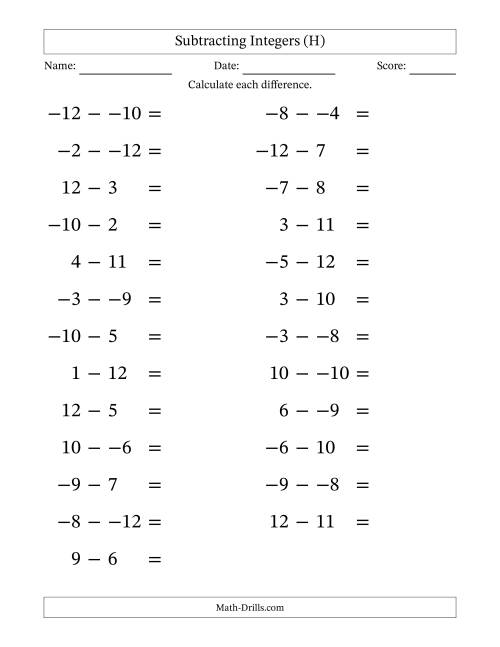 The Subtracting Mixed Integers from -12 to 12 (25 Questions; Large Print; No Parentheses) (H) Math Worksheet