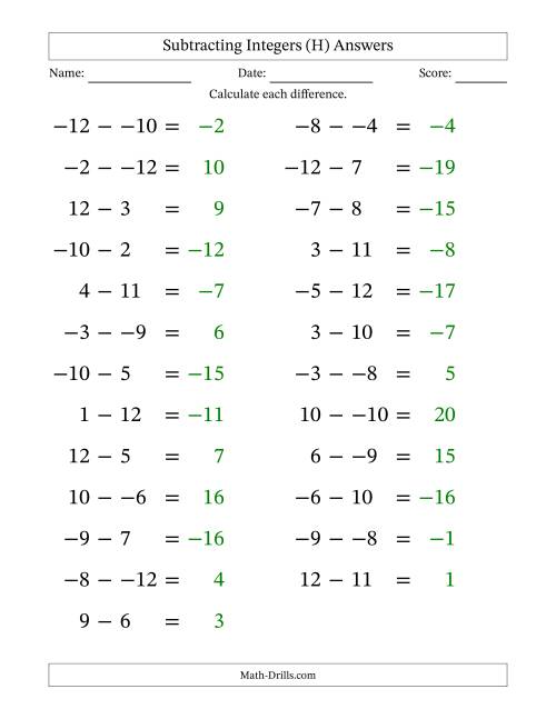 The Subtracting Mixed Integers from -12 to 12 (25 Questions; Large Print; No Parentheses) (H) Math Worksheet Page 2