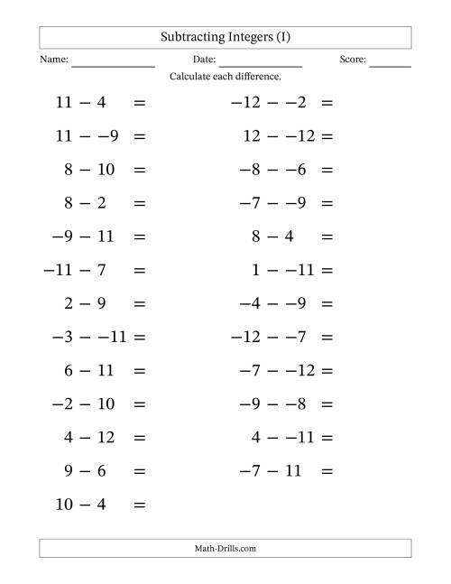 The Subtracting Mixed Integers from -12 to 12 (25 Questions; Large Print; No Parentheses) (I) Math Worksheet