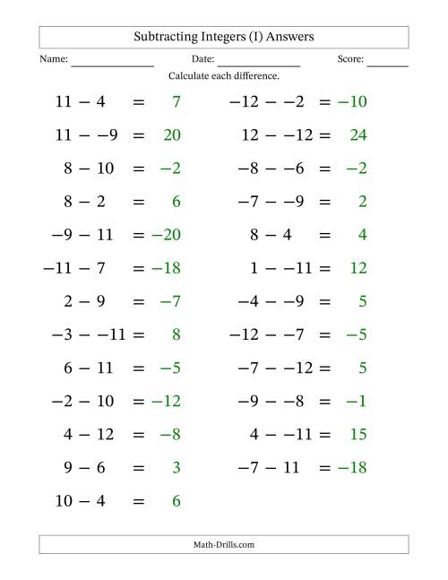 The Subtracting Mixed Integers from -12 to 12 (25 Questions; Large Print; No Parentheses) (I) Math Worksheet Page 2