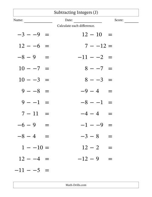 The Subtracting Mixed Integers from -12 to 12 (25 Questions; Large Print; No Parentheses) (J) Math Worksheet
